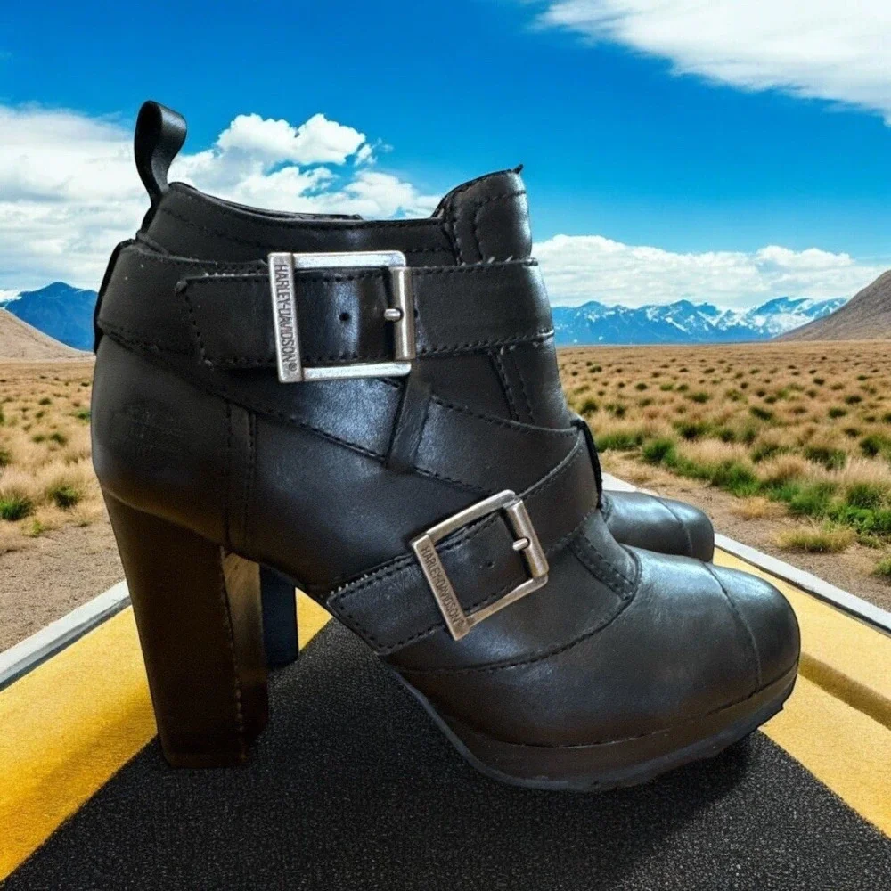 Harley Davidson Ankle Boot Moto Chunky platform Heel Buckle Strap Sexy Msrp $165 - Picture 3 of 6